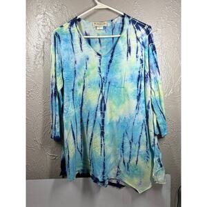 Impulse California Aqua Tie Dye Tunic with Hand Dyed Chiffon Overlay Womens Sz M